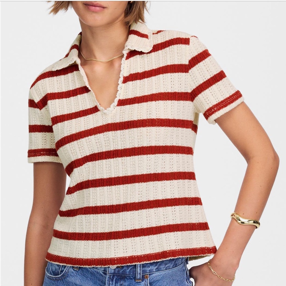 Madewell Stripe Crochet Knit Polo Sweater Tee - Size Small